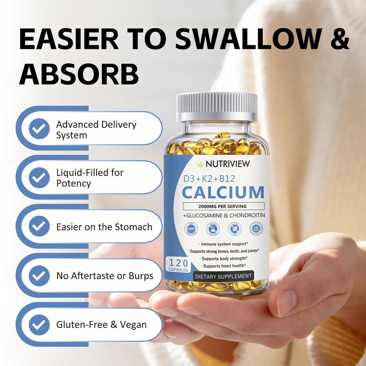 Nutriview Calcium 2000 mg D3 K2 B12 Glucosamine taille des capsules