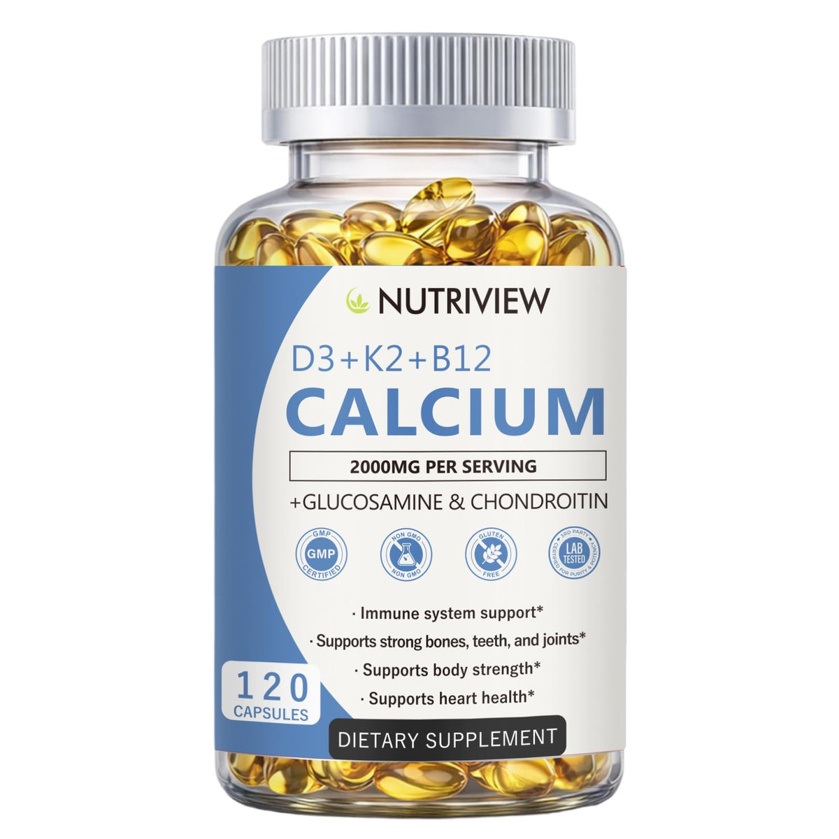 Nutriview Calcium 2000 mg D3 K2 B12 Glucosamine vue avant