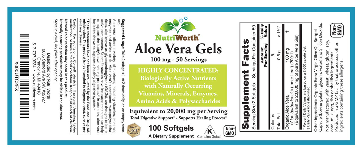 NutriWorth Aloe Vera, capsules bio sur fond blanc