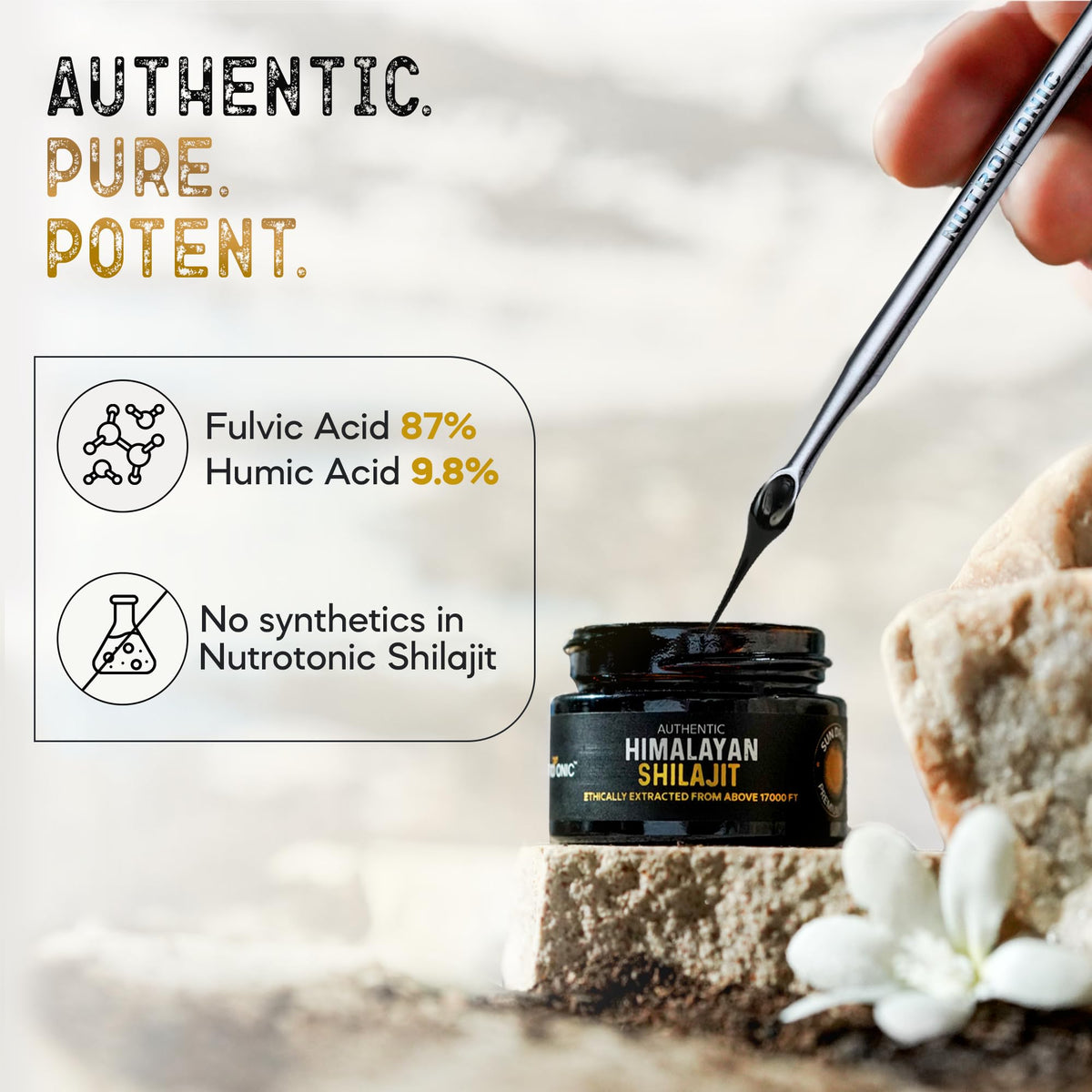 NutroTonic Shilajit Rouge A+ 68g échantillon sur une cuillère