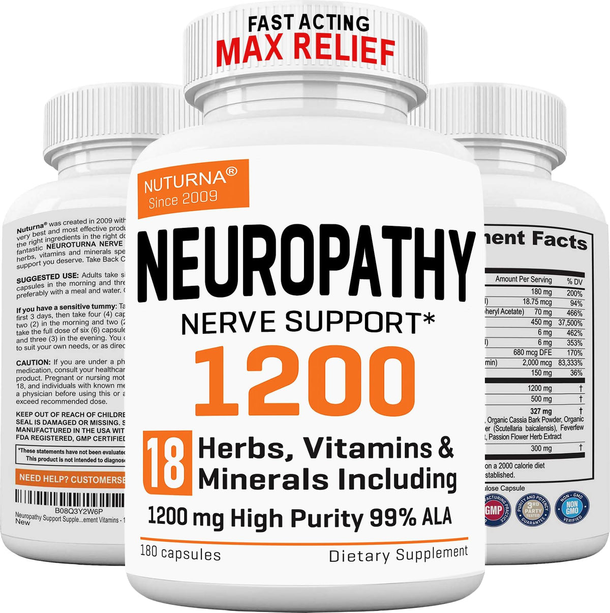 Nuturna complément alimentaire soutien neuropathie 1200 mg ALA bouteille vue de face
