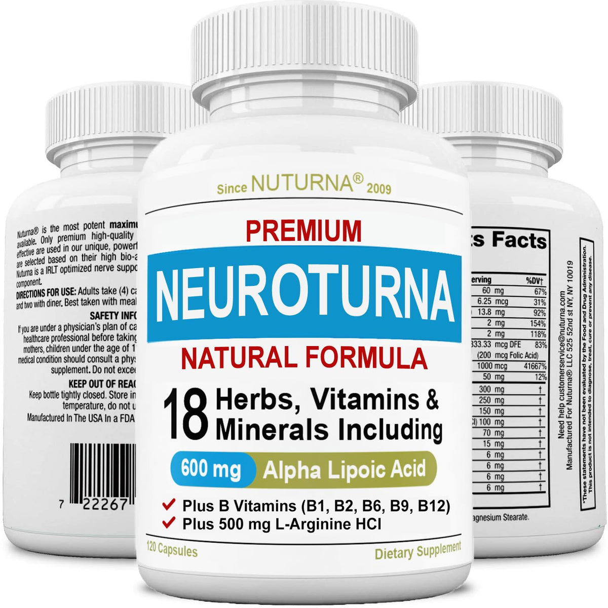 Nuturna Neuroturna 600 mg Acide Alpha-Lipoïque avant avec pack de 120 capsules