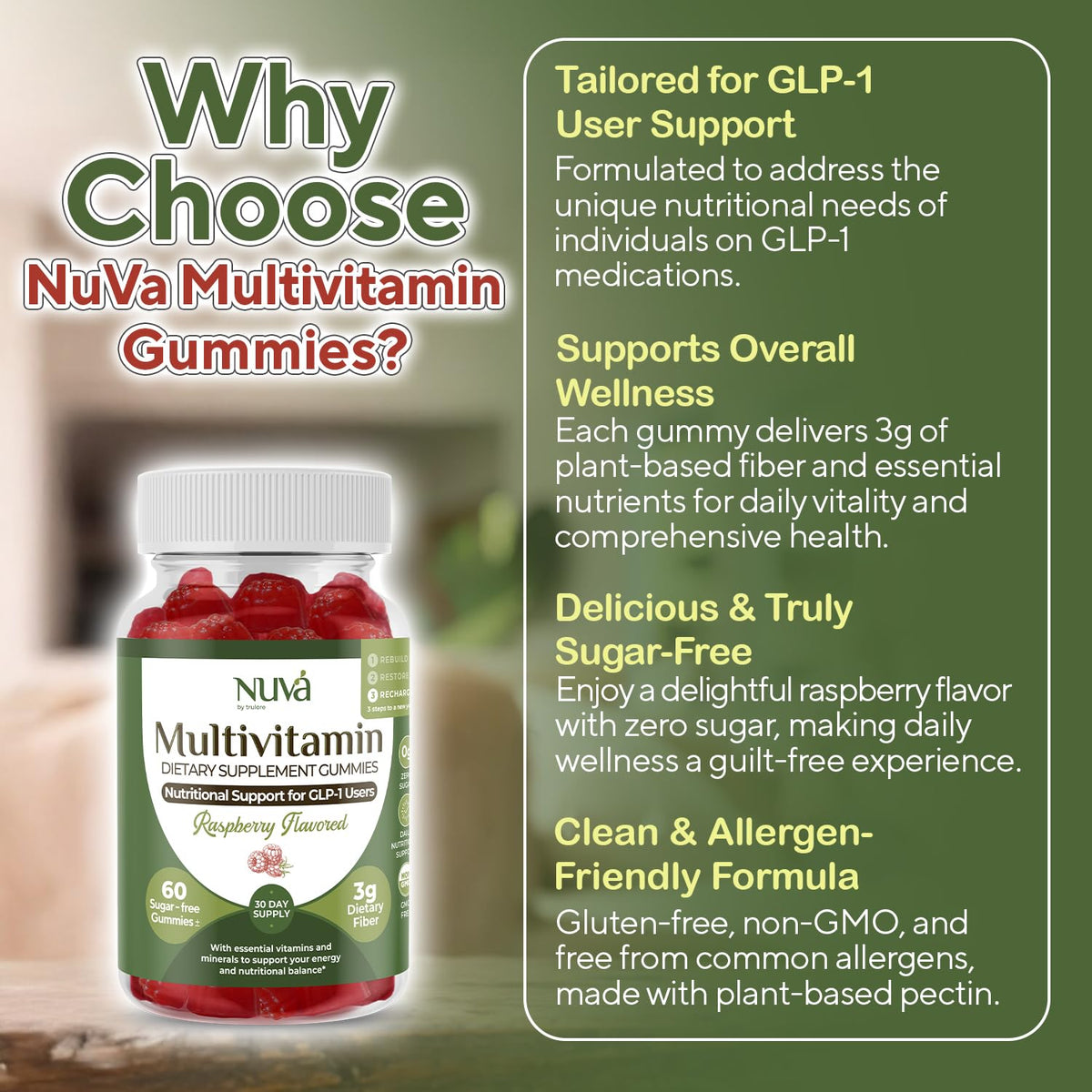 NuVa Gummies Multivitamines Adultes 60 Comprimés Framboise, gros plan sur les gummies