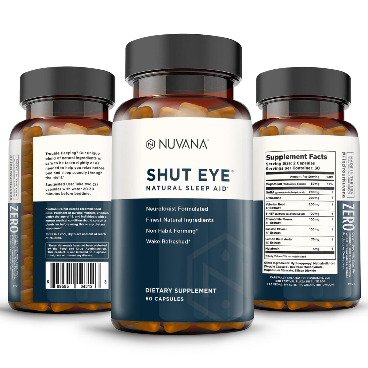 Nuvana Shut Eye capsules sur une surface blanche