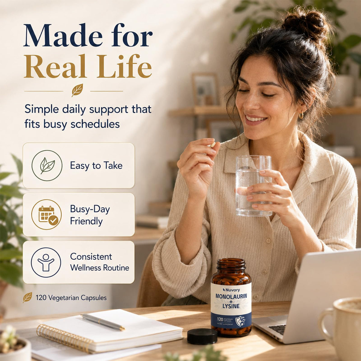 Nuvary monolaurine et lysine 120 capsules sur une table