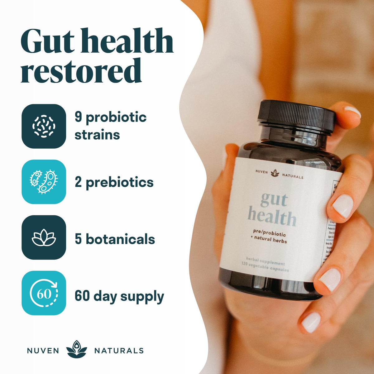 Nuven Naturals Complément Alimentaire 3-en-1 capsules dans un verre