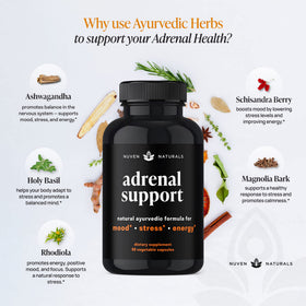 Nuven Naturals Complément Alimentaire Soutien Surrénalien 90 Capsules avec étiquette détaillant les ingrédients