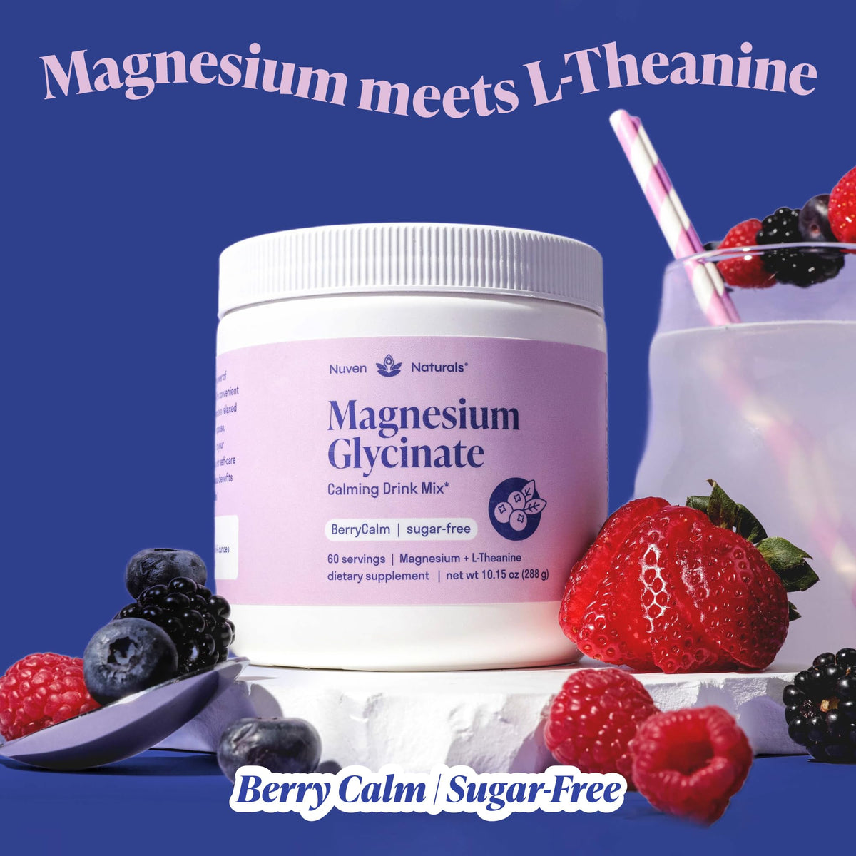Nuven Naturals Poudre de Glycinate de Magnésium 300mg 60 Servings mélange de baies