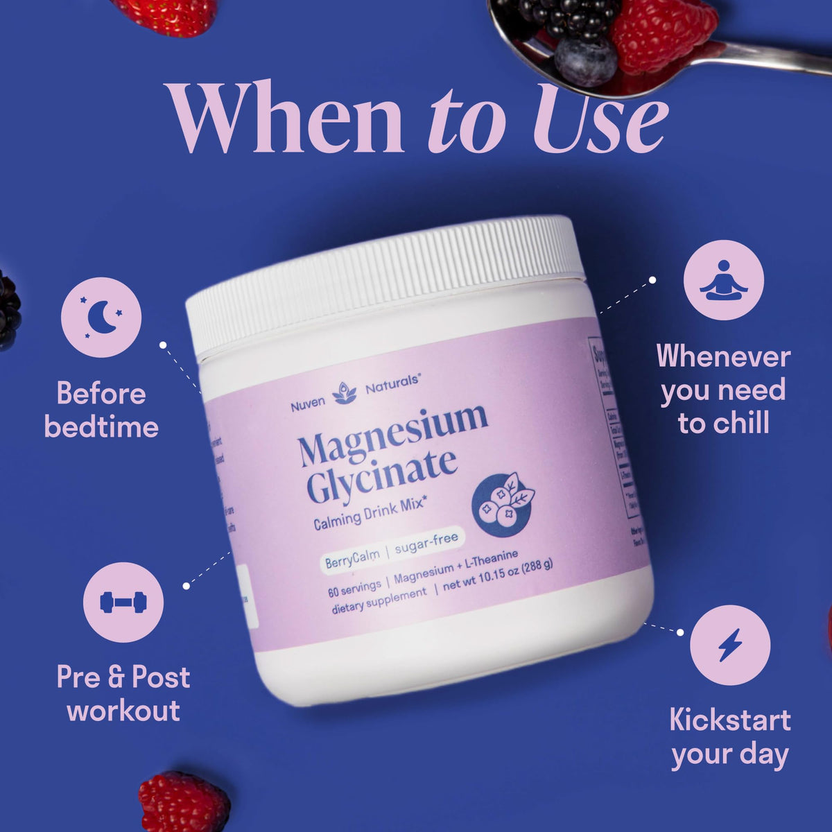 Nuven Naturals Poudre de Glycinate de Magnésium 300mg 60 Servings vue de côté