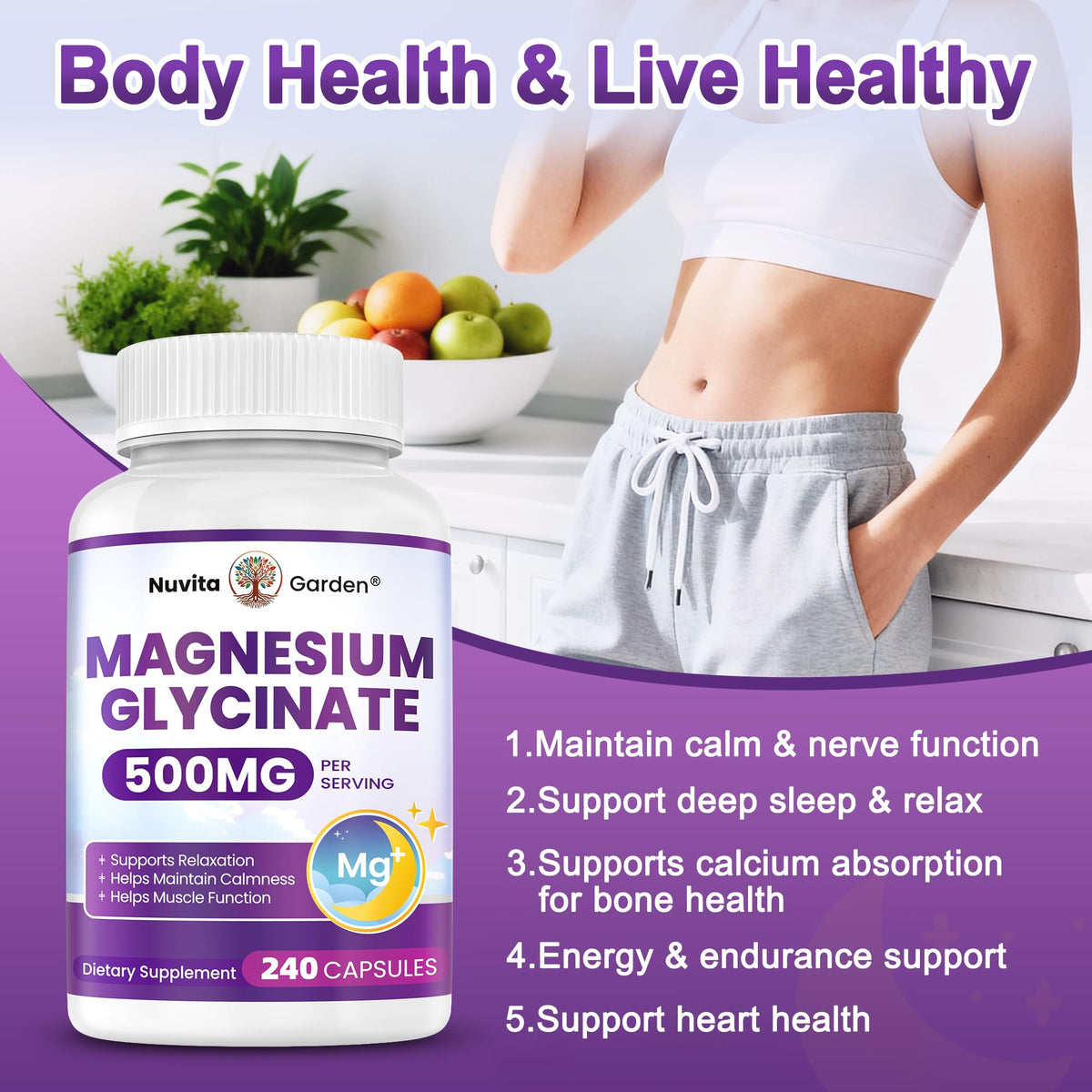 NuvitaGarden Magnésium Glycinate 500mg capsules dans une main