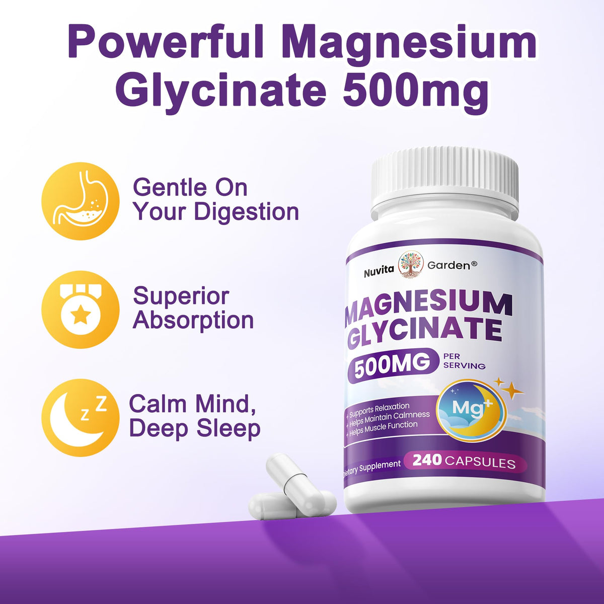 NuvitaGarden Magnésium Glycinate 500mg capsules sur fond blanc