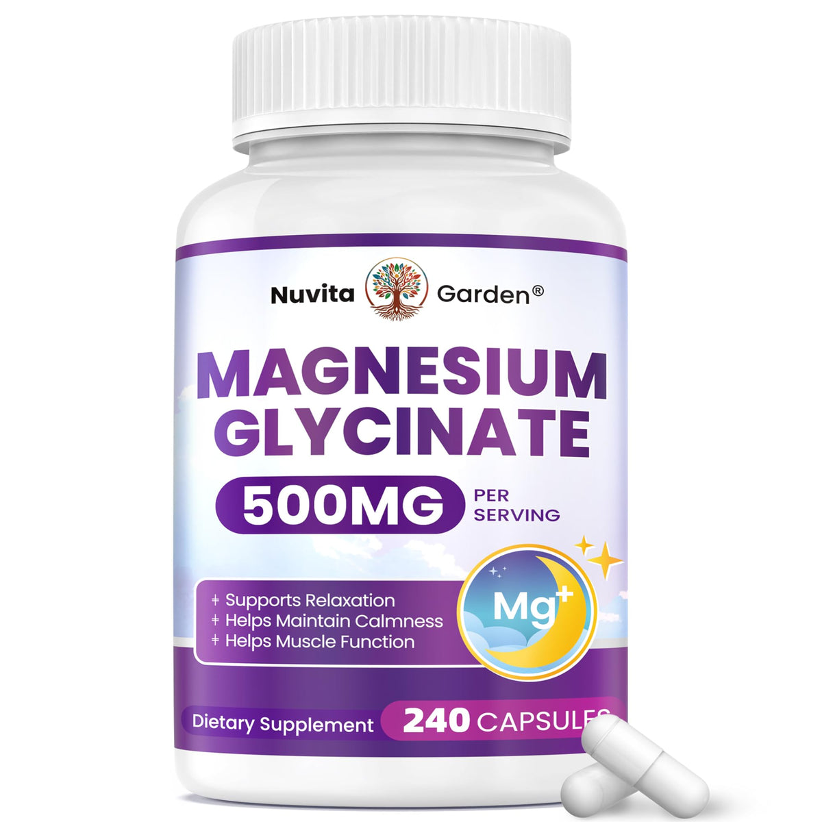 NuvitaGarden Magnésium Glycinate 500mg flacon de 240 capsules végétales