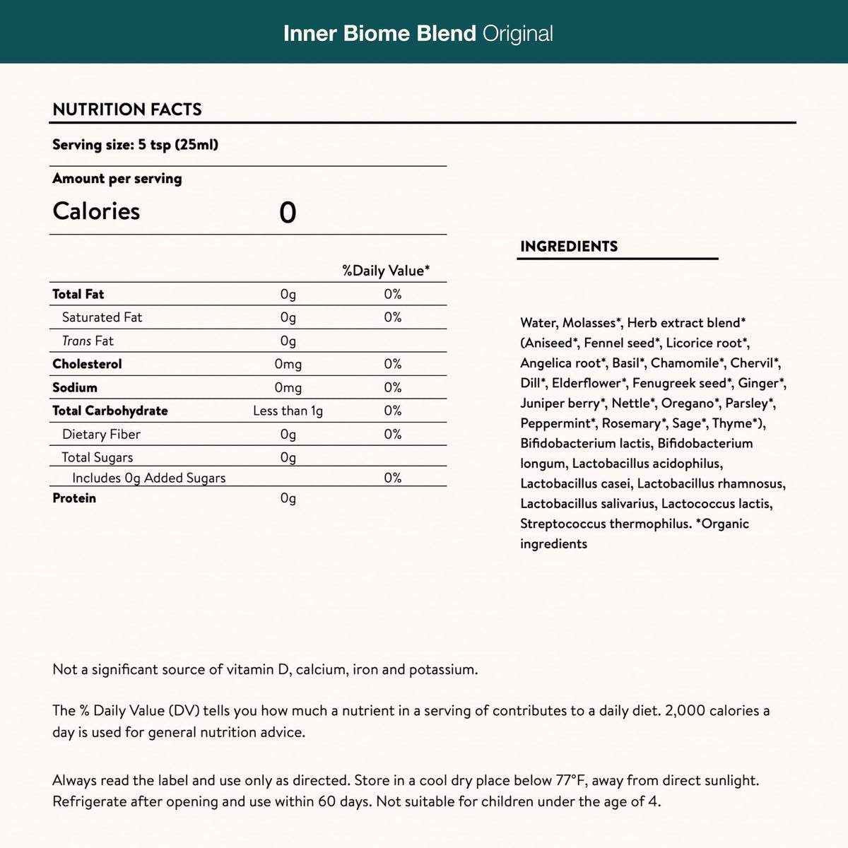 Nuzest Inner Biome Blend bouteille ouverte avec dose de 25 ml