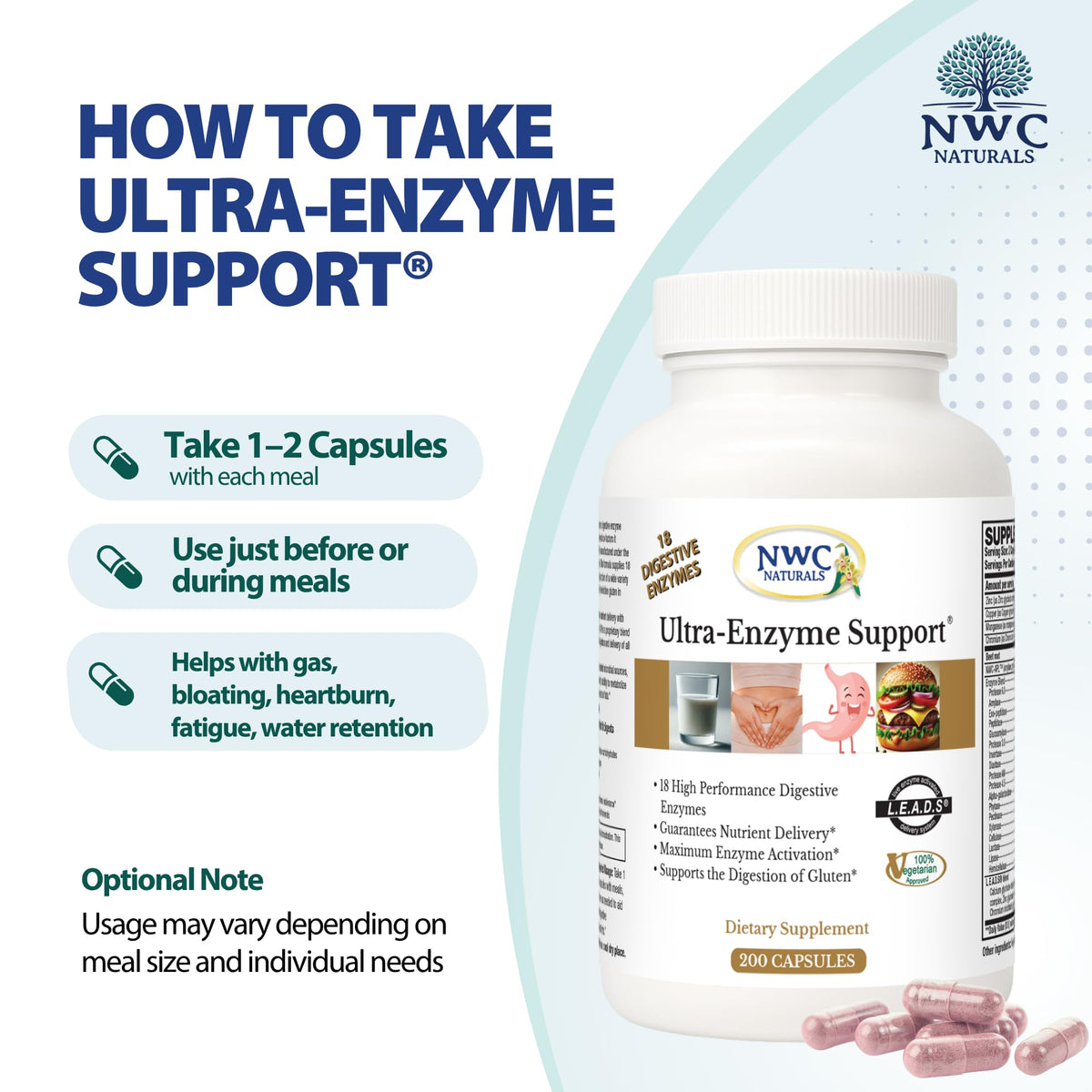 NWC Naturals Ultra-Enzyme Support, capsules sur une surface en bois