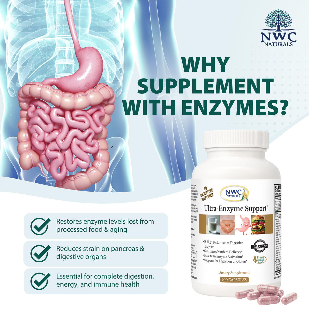 NWC Naturals Ultra-Enzyme Support, étiquette et ingrédients
