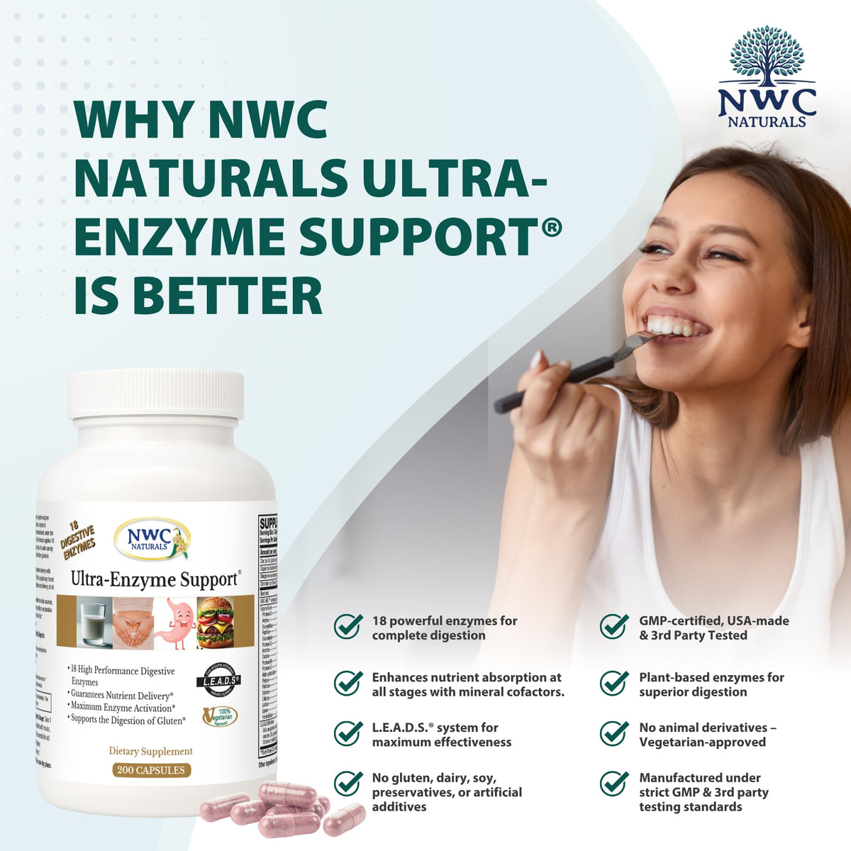NWC Naturals Ultra-Enzyme Support, vue de côté avec capsules