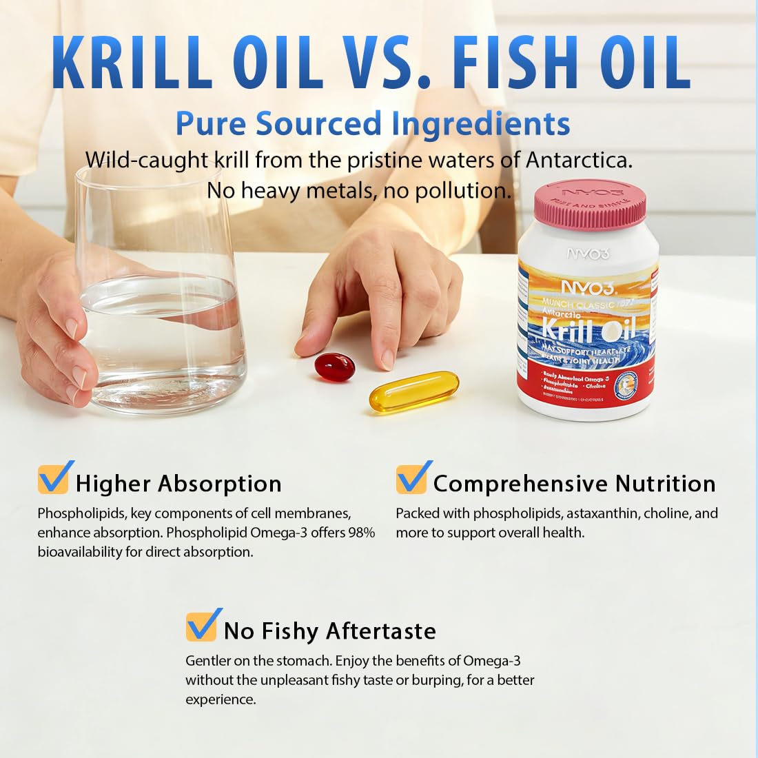 NYO3 Huile de Krill 850mg Omega 3 avec un verre d'eau