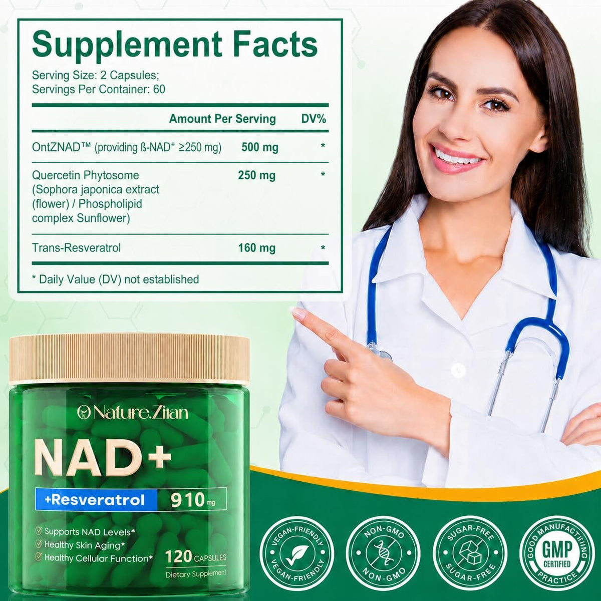 O NATURE. ZIRAN NAD+ Resvératrol 910mg 120 capsules sur fond blanc