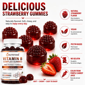 O NUTRITIONS Gummies Vitamine B Complex, arrière du pot avec ingrédients