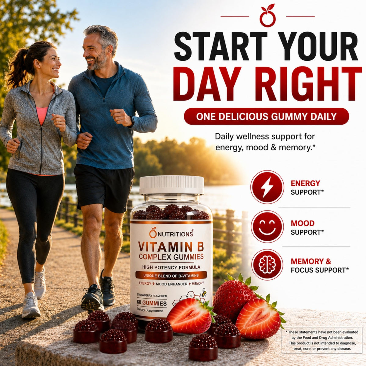 O NUTRITIONS Gummies Vitamine B Complex, gummies à la fraise sur une table
