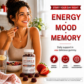 O NUTRITIONS Gummies Vitamine B Complex, présentation avec fruits frais
