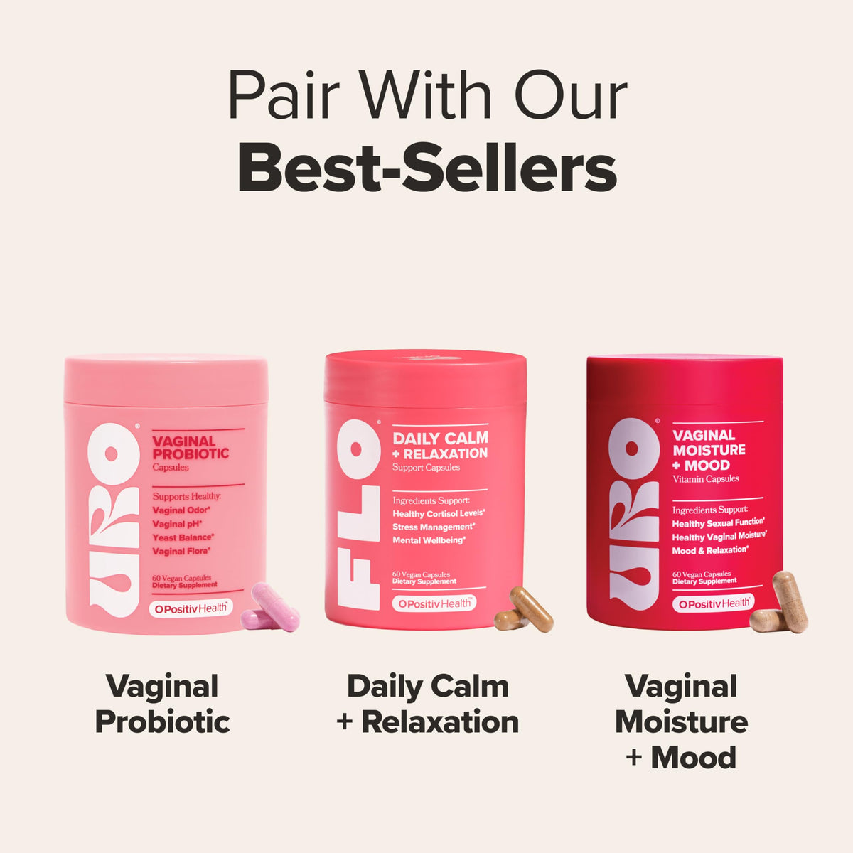 O Positiv FLO Daily Calm capsules avec des herbes en arrière-plan