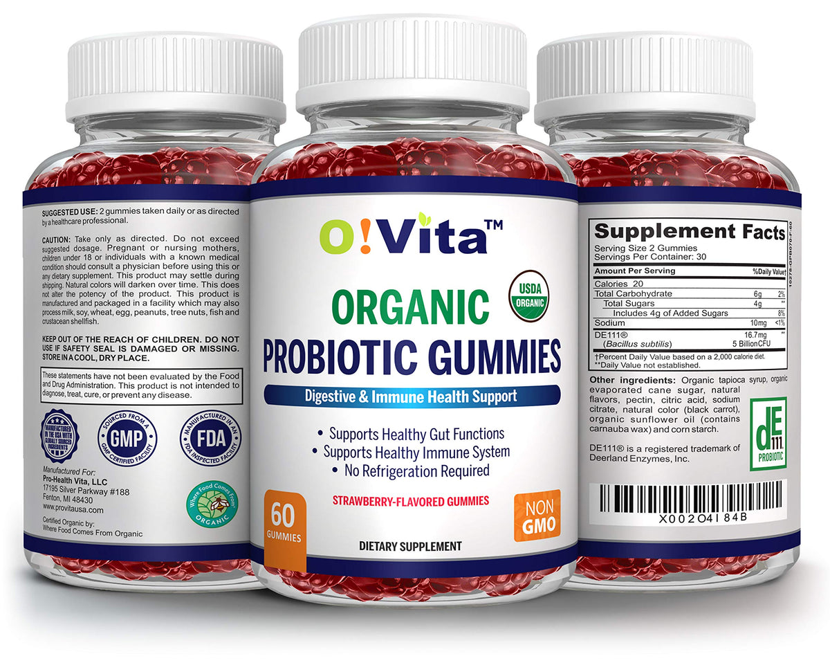 O!VITA Gummies Probiotiques Biologiques 60 Gummies Fraise avec ingrédients