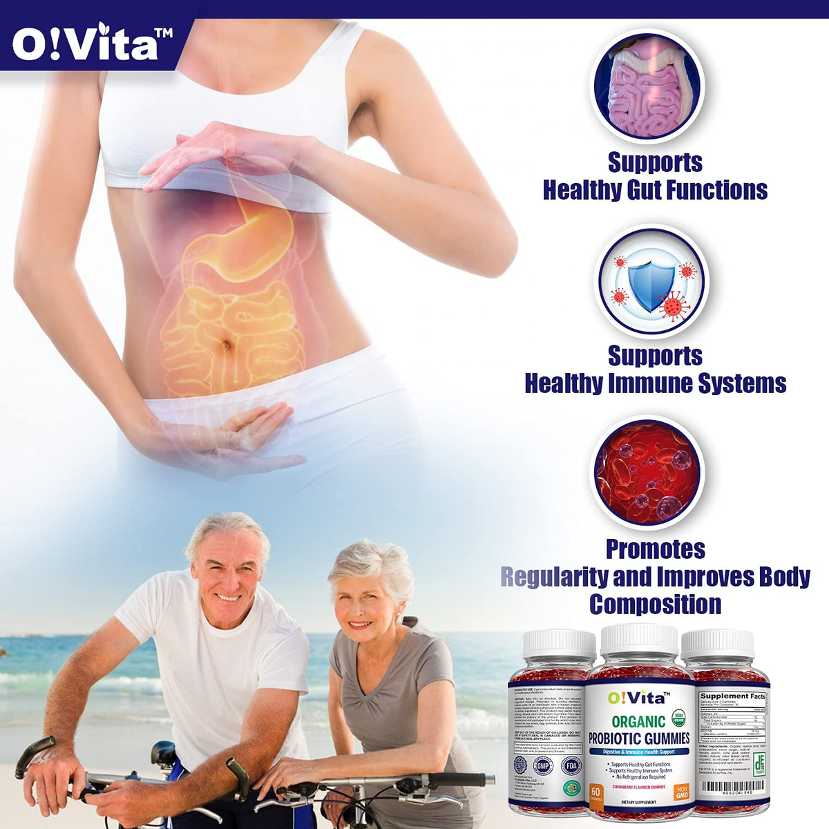 O!VITA Gummies Probiotiques Biologiques 60 Gummies Fraise emballage