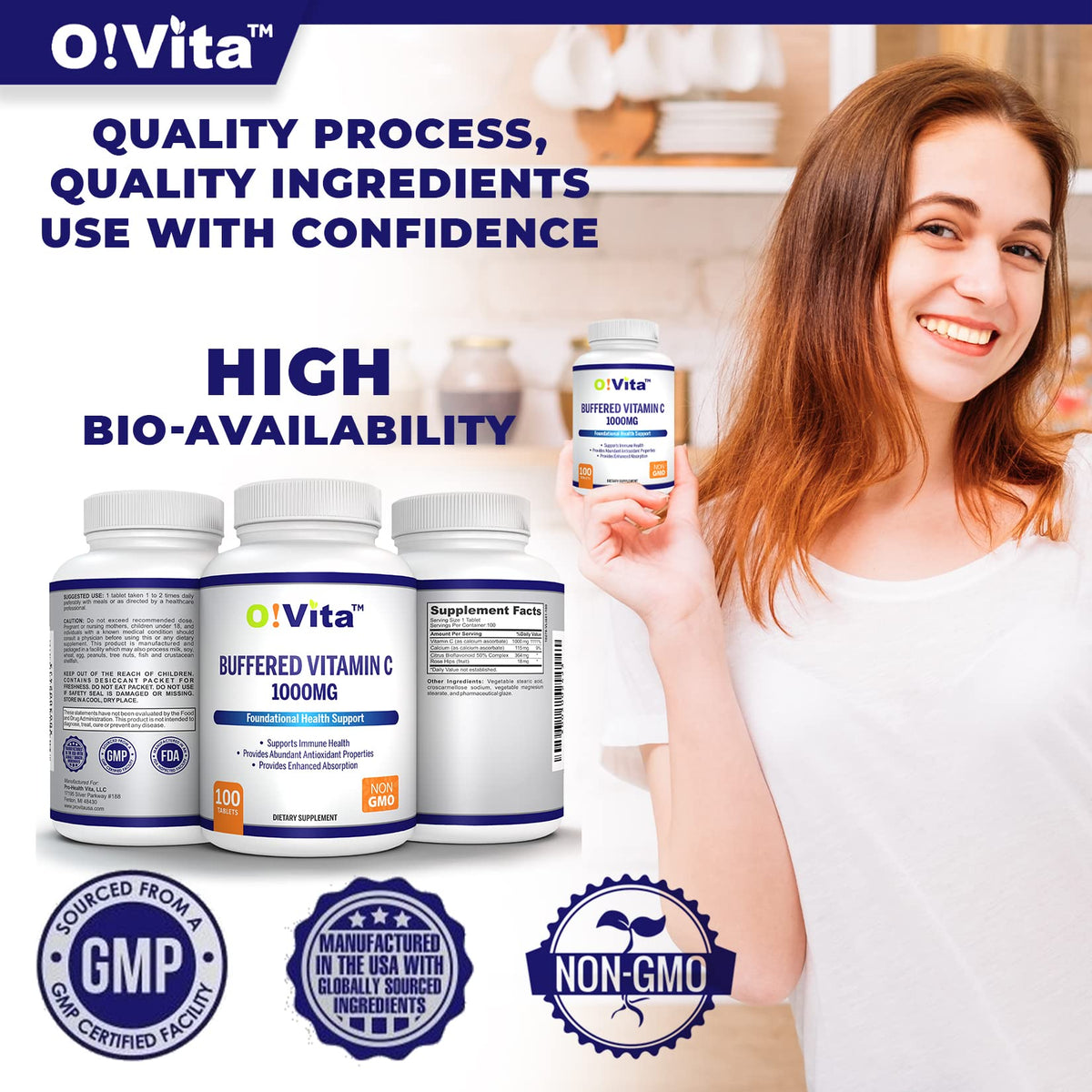 O!VITA Vitamine C 1000mg comprimés sur fond blanc