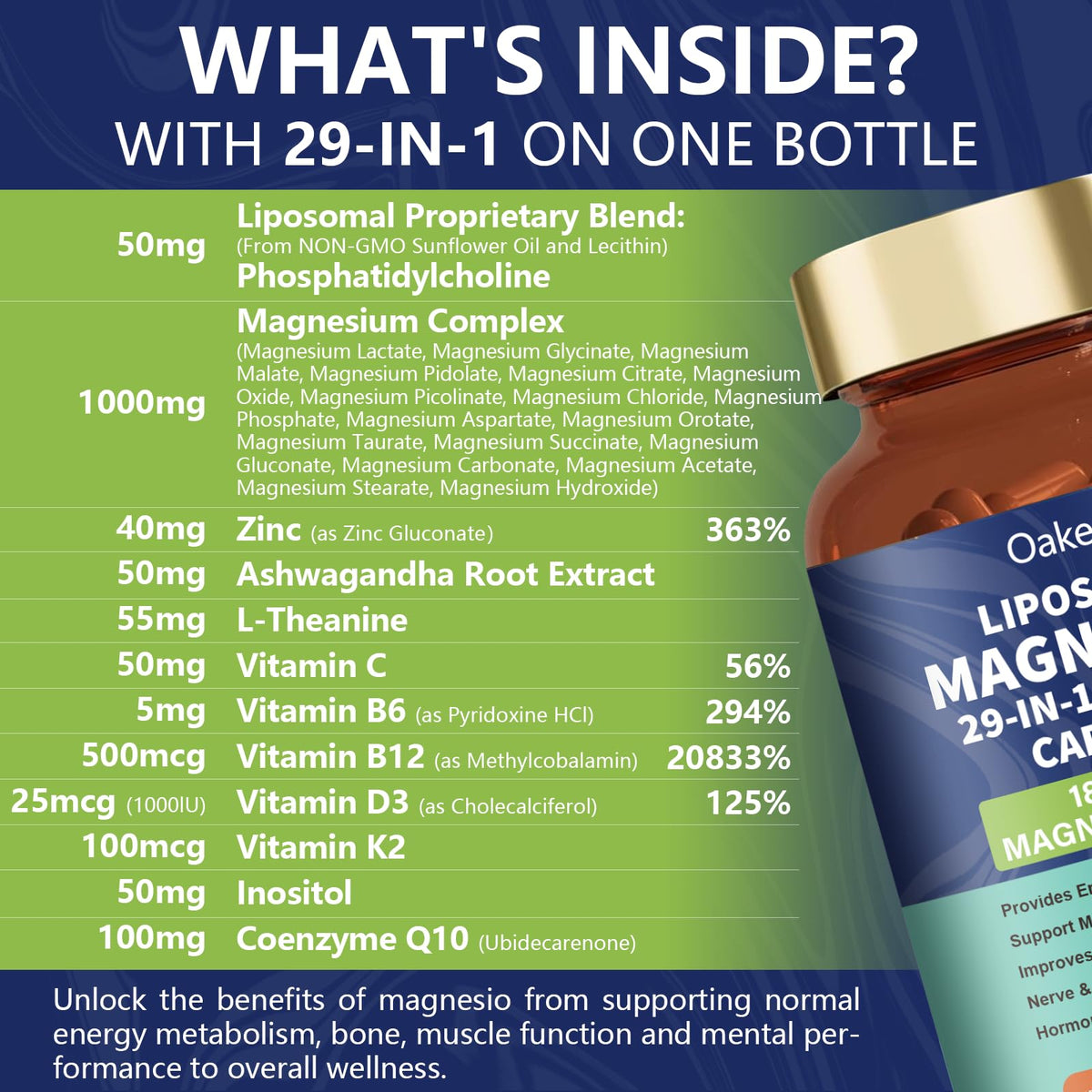 Oakevlp Complément Alimentaire Magnésium 29-en-1 1400 mg Capsules côté
