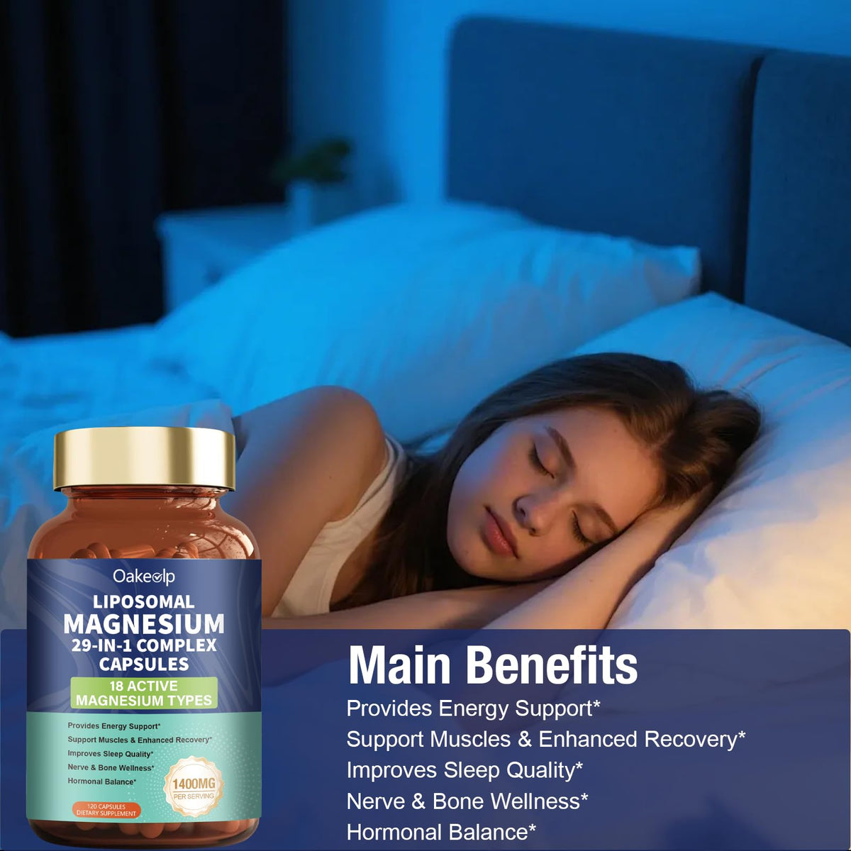 Oakevlp Complément Alimentaire Magnésium 29-en-1 1400 mg Capsules sur table