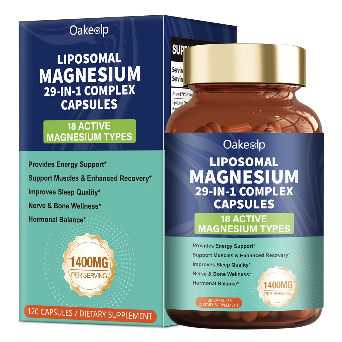 Oakevlp Complément Alimentaire Magnésium 29-en-1 1400MG, vue avant de l'emballage