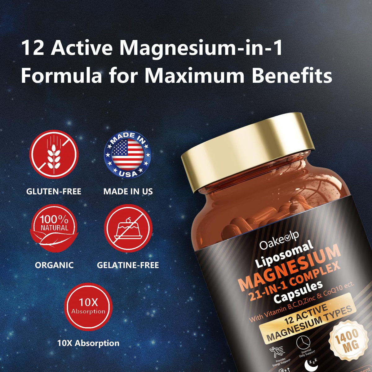 Oakevlp Complément Alimentaire Magnésium Liposomal 21 en 1, présentation sur une table