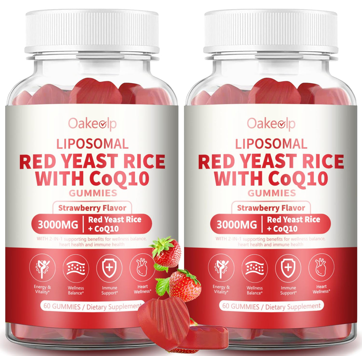 Oakevlp gummies de riz rouge avec CoQ10, vue de face, emballage fruité