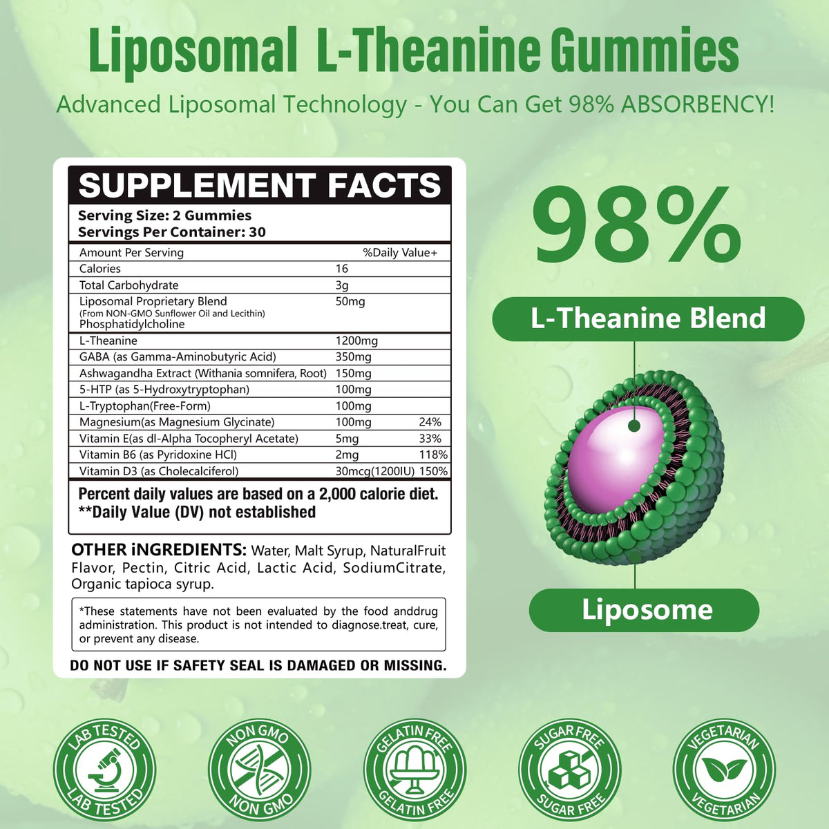 Oakevlp Gummies L-Theanine 1200mg vue arrière de l'emballage
