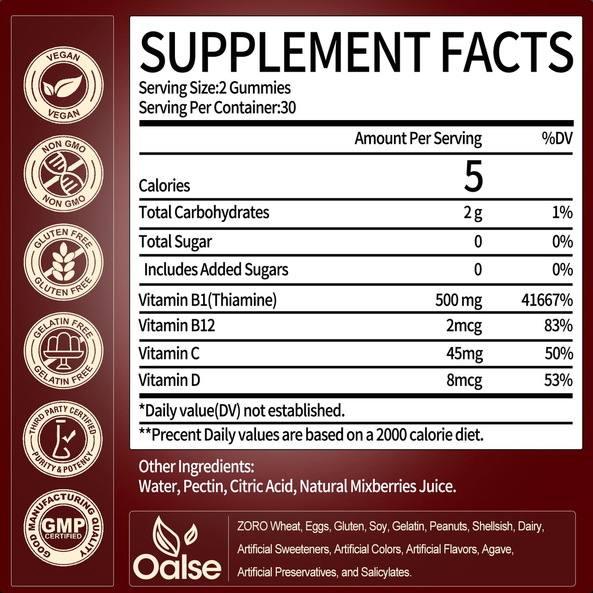 OALSE Gummies B1 Vegan 500mg avec des fruits frais en arrière-plan