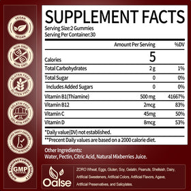 OALSE Gummies B1 Vegan 500mg avec des fruits frais en arrière-plan