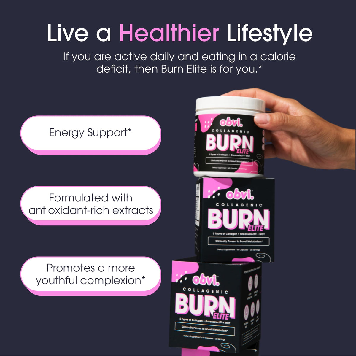 Obvi Burn Elite complément collagène avec un verre d'eau