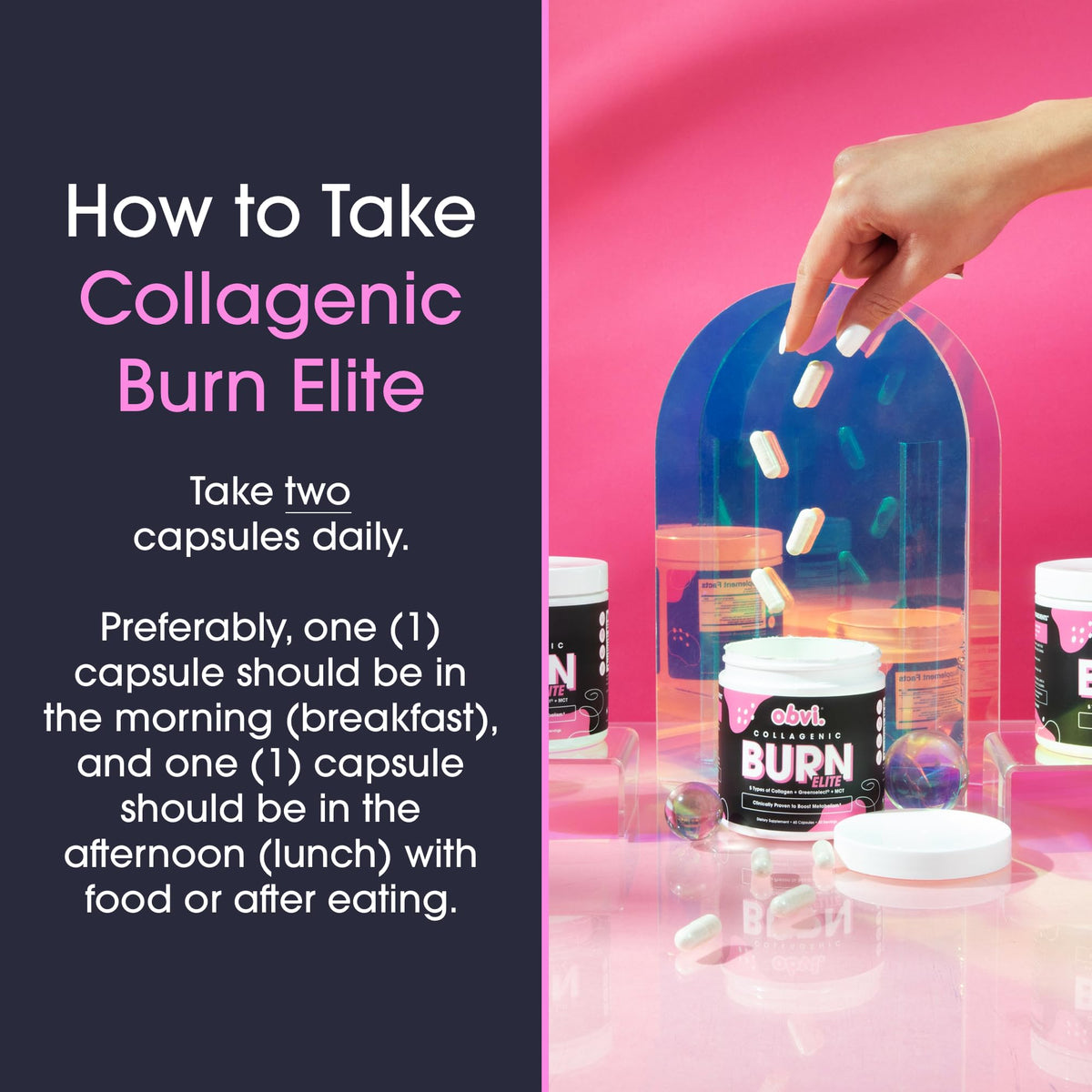 Obvi Burn Elite complément collagène capsules ouvertes sur une table