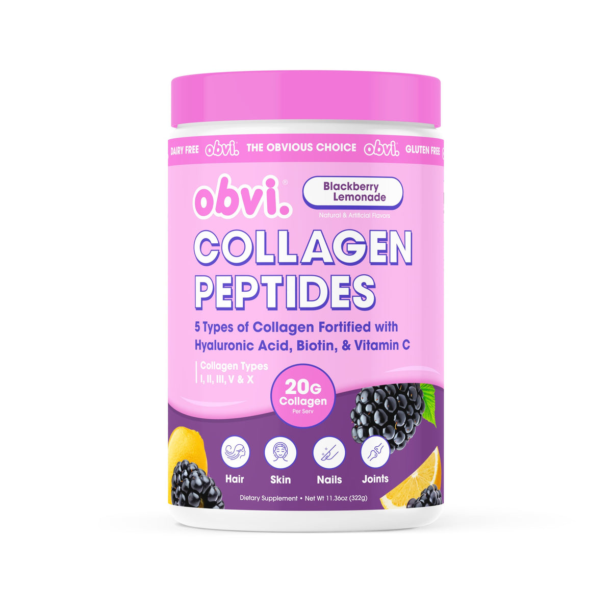 Obvi Collagen Peptides 431g saveur framboise citron vue de face