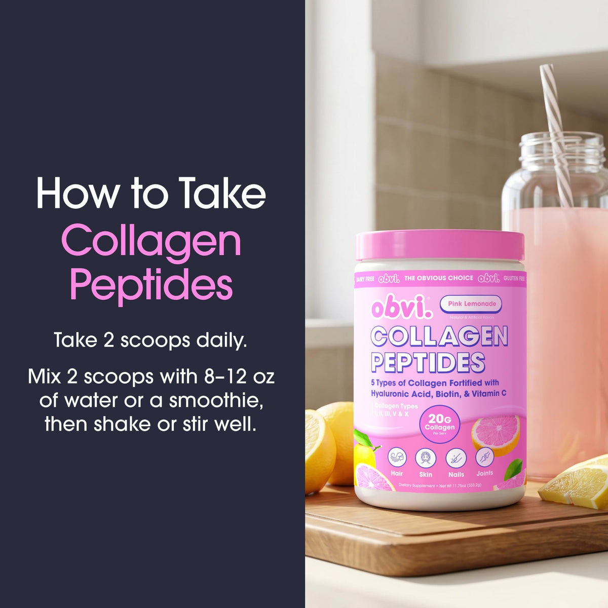 Obvi Collagen Peptides Pink Lemonade powder close-up