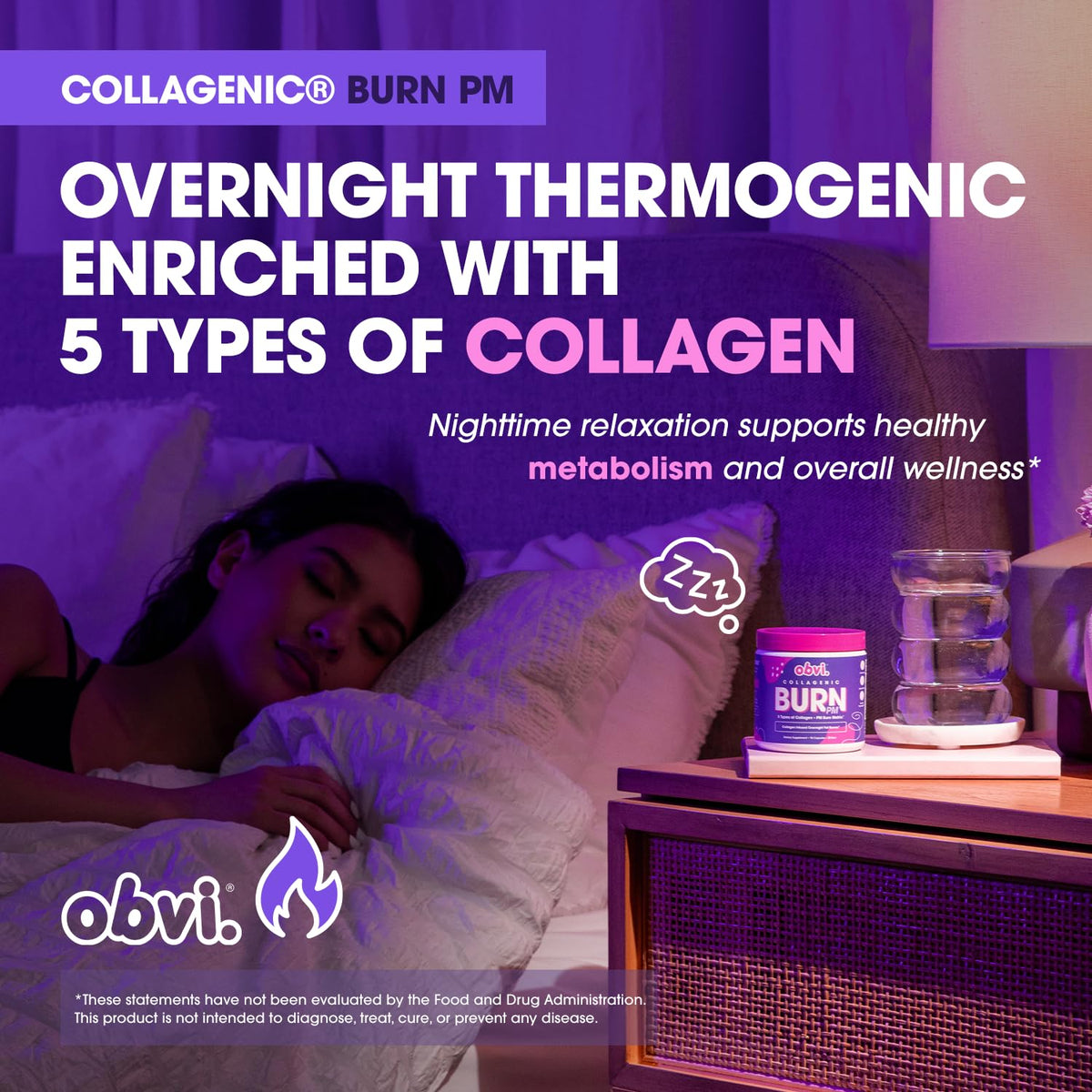 Obvi Collagenic Burn PM capsules sur fond blanc