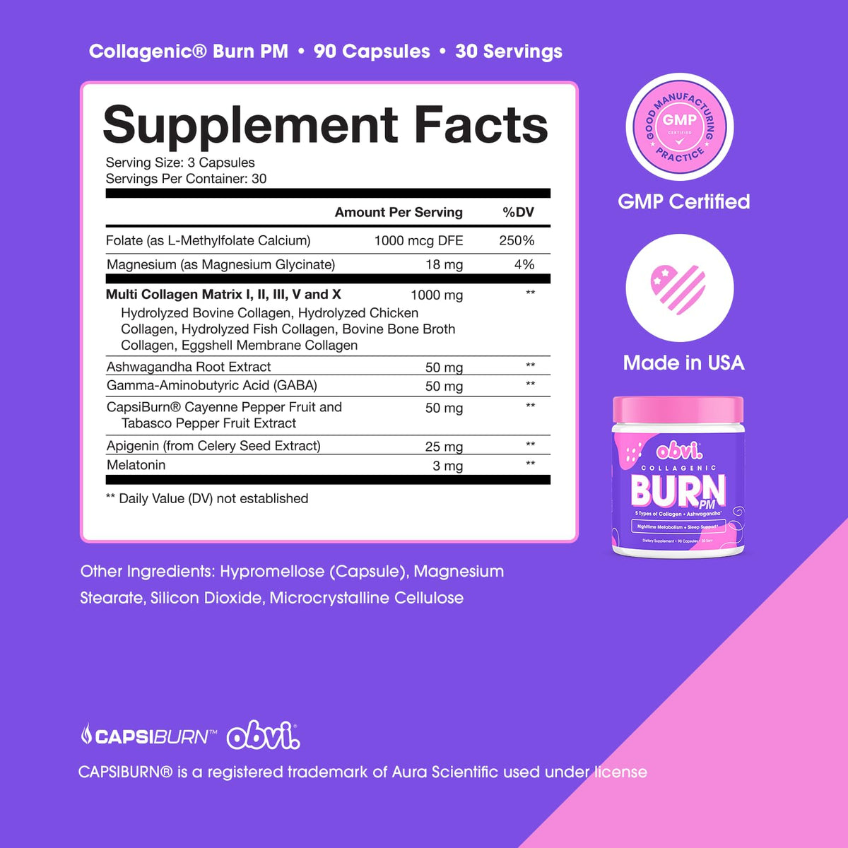 Obvi Collagenic Burn PM flacon ouvert avec capsules