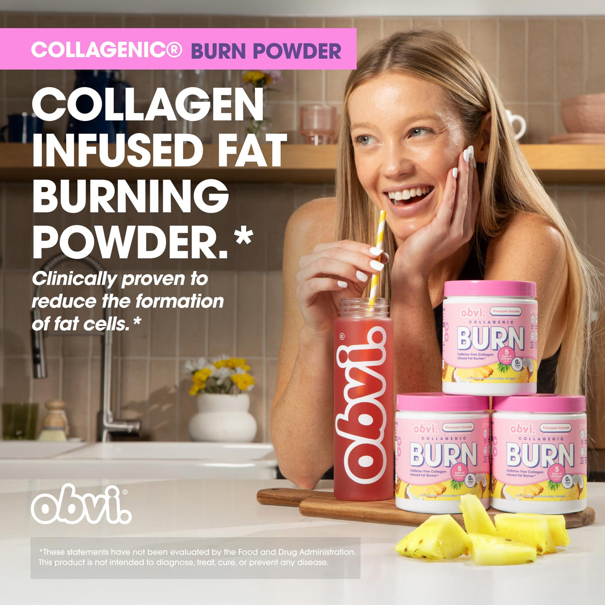 Obvi Collagenic Burn Powder Ananas Coco 200g en poudre dans un verre