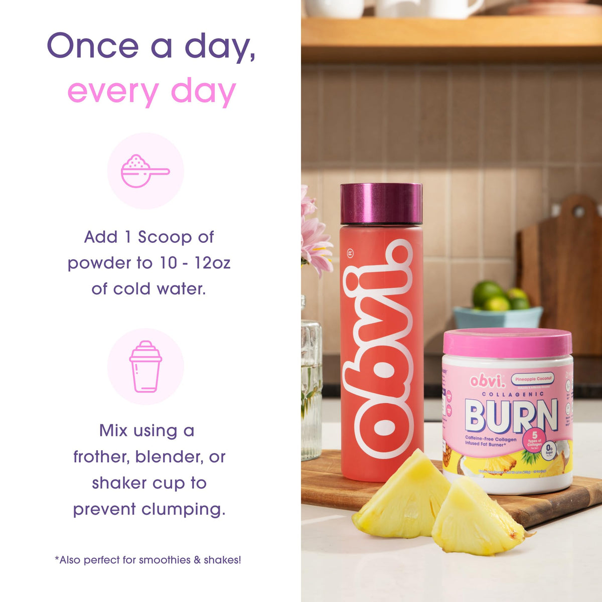 Obvi Collagenic Burn Powder Ananas Coco 200g en préparation de smoothie