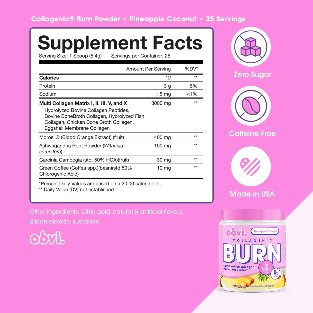 Obvi Collagenic Burn Powder Ananas Coco 200g vue arrière