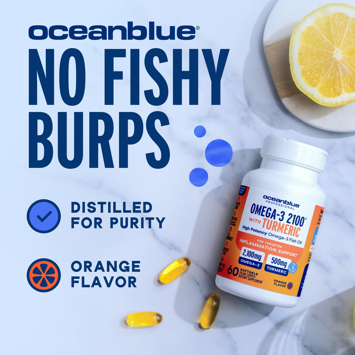 Oceanblue Omega-3 2100 gélules sur fond blanc