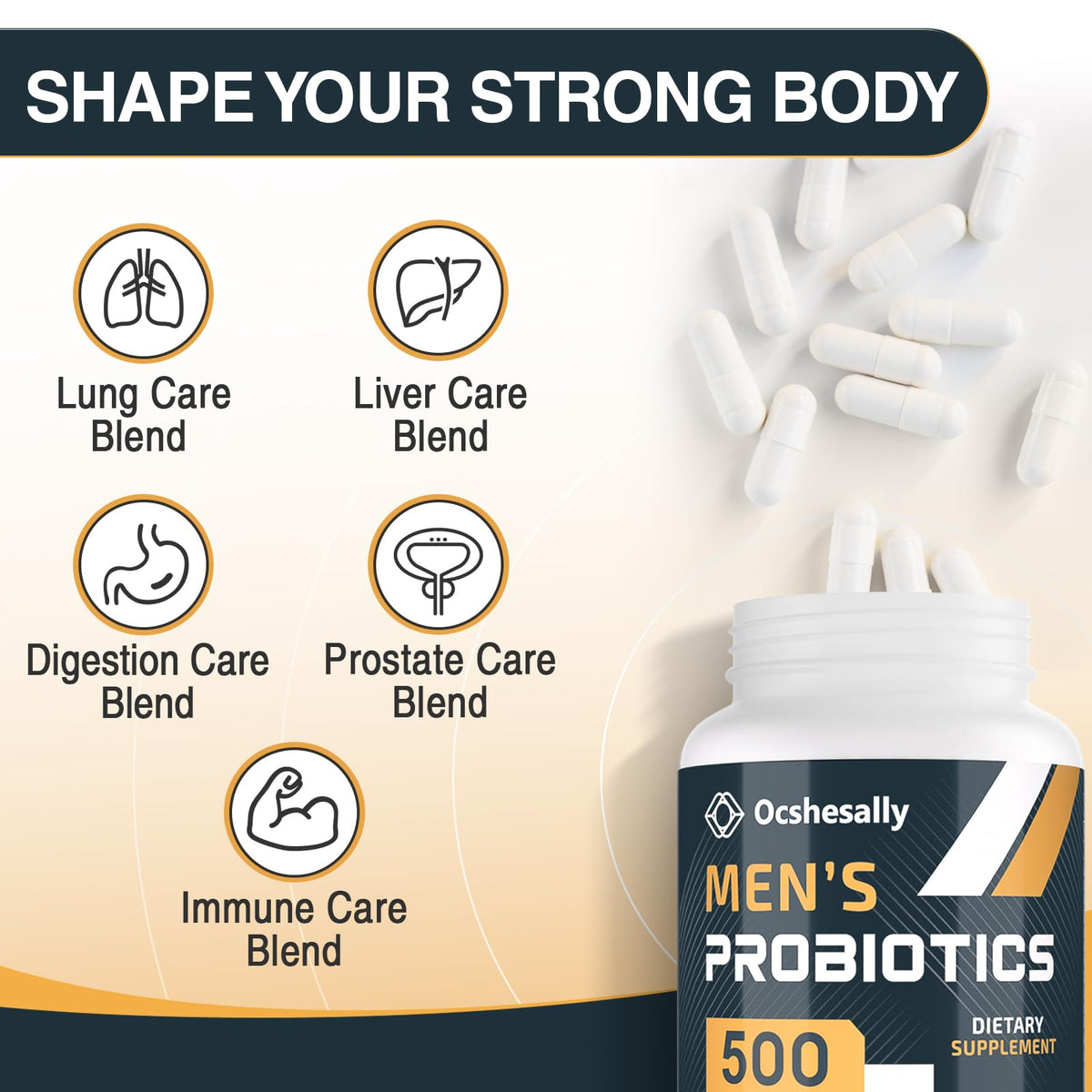 Ocshesally Probiotiques pour Hommes 60 Capsules arrière avec ingrédients