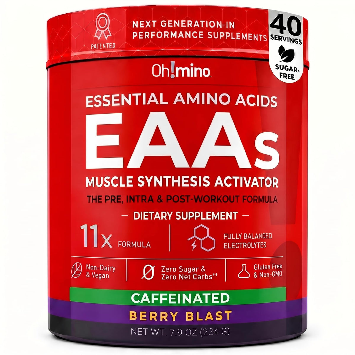 Oh!mino BCAA + EAA 290g vue avant avec étiquette baies