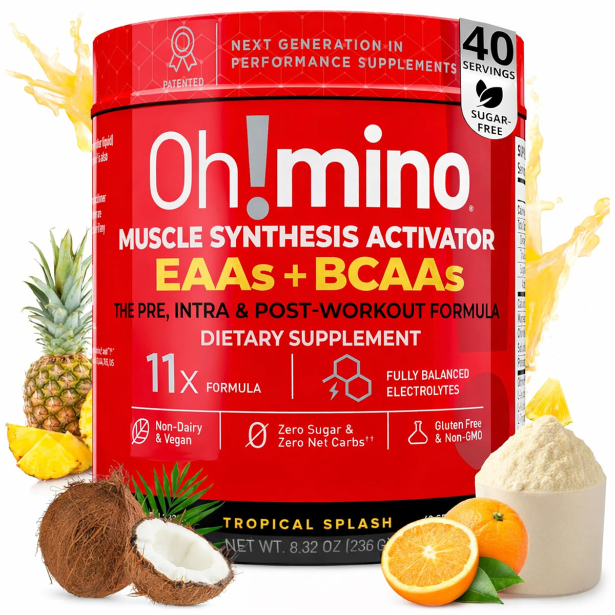 Oh!mino BCAA + EAA Poudre Tropicale sur un plan de travail